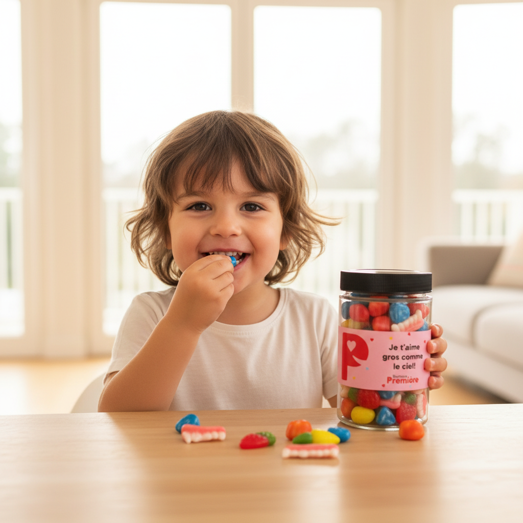 Enfant souriant mangeant un bonbon du pot Je t'aime gros comme le ciel