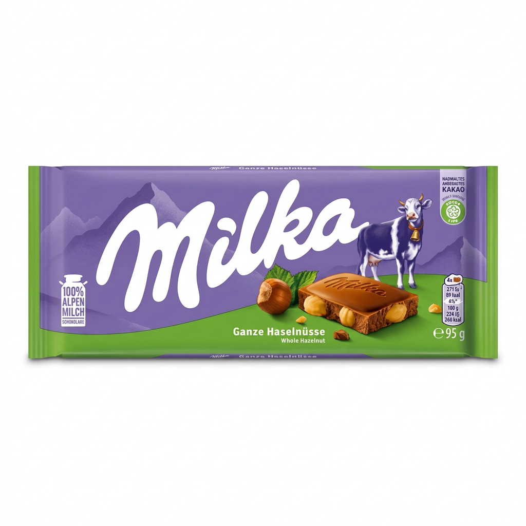 Chocolat Milka aux noisettes entières 95 g sur fond blanc