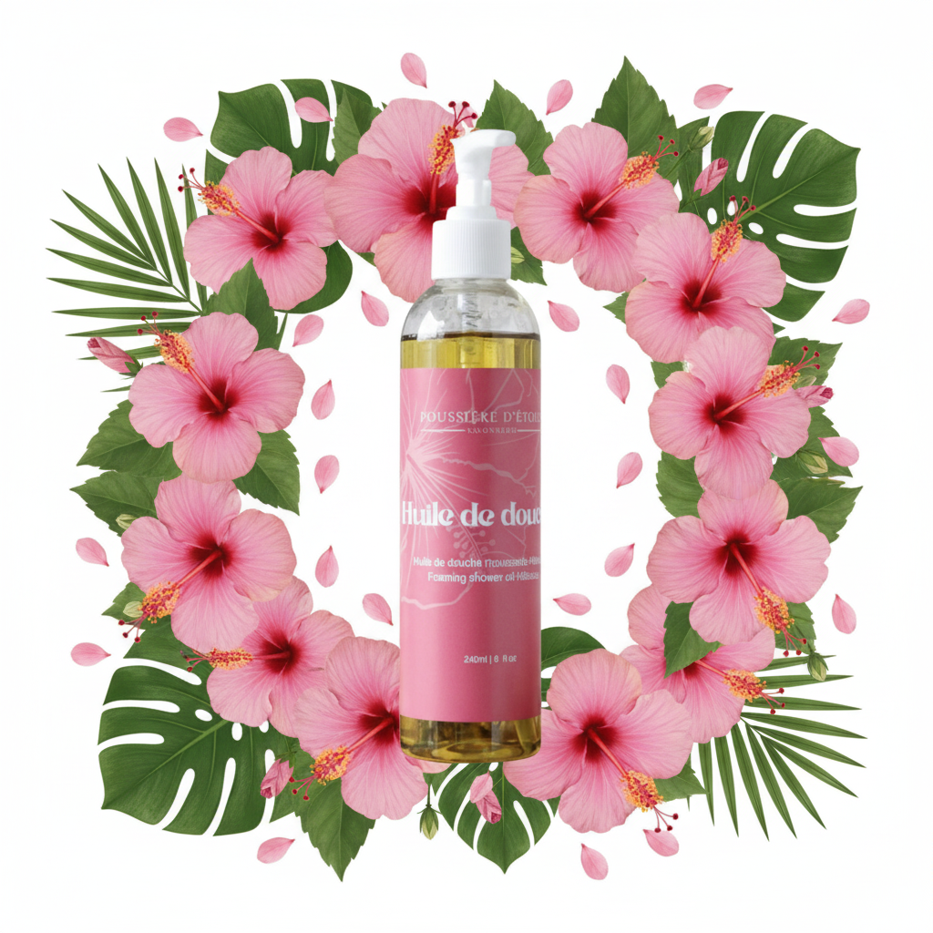 Huile de douche moussante Hibiscus Poussière d’Étoile sur fond blanc avec fleurs d’hibiscus roses et feuilles tropicales