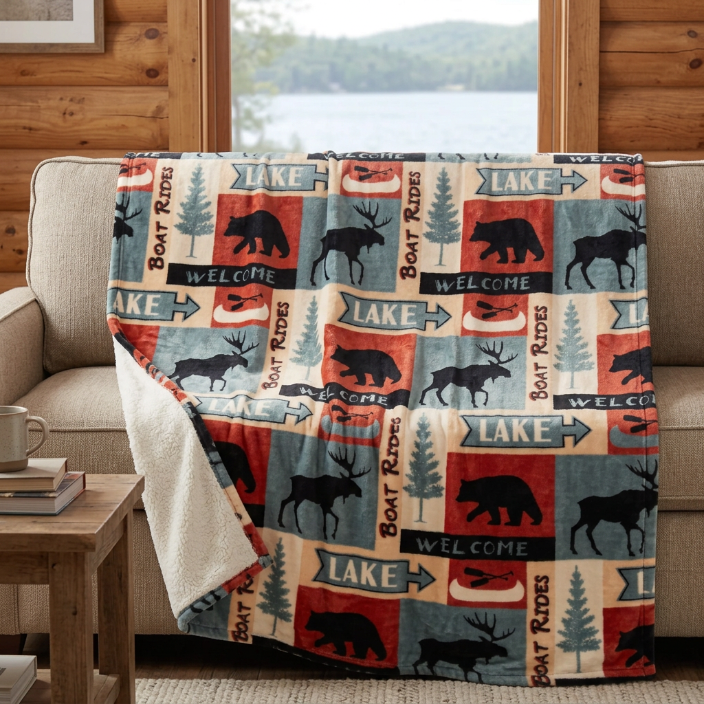 Couverture à motifs d’ours, d’orignaux et de canots déployée sur un canapé au chalet