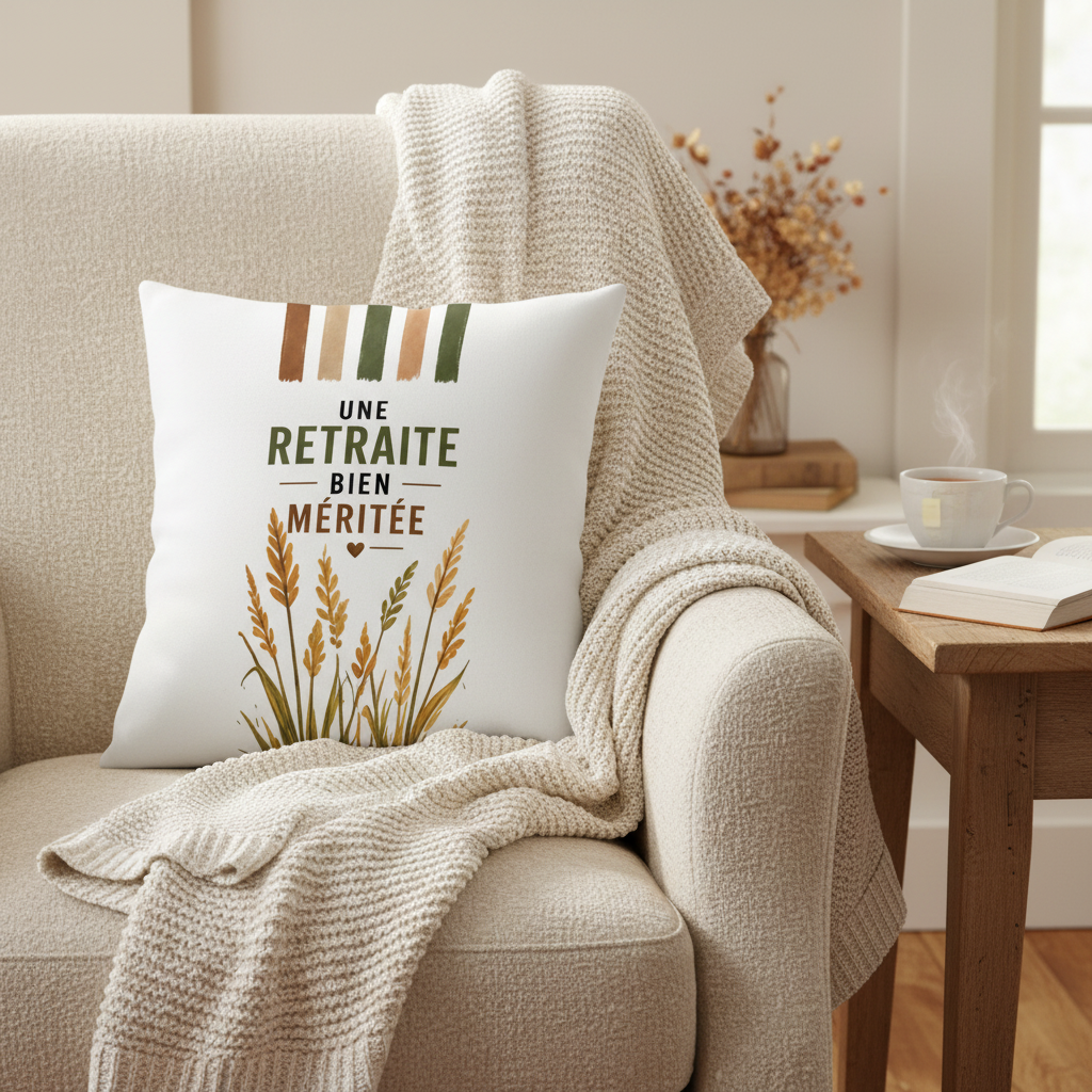 Coussin Une Retraite Bien Méritée - décor fauteuil cosy champêtre