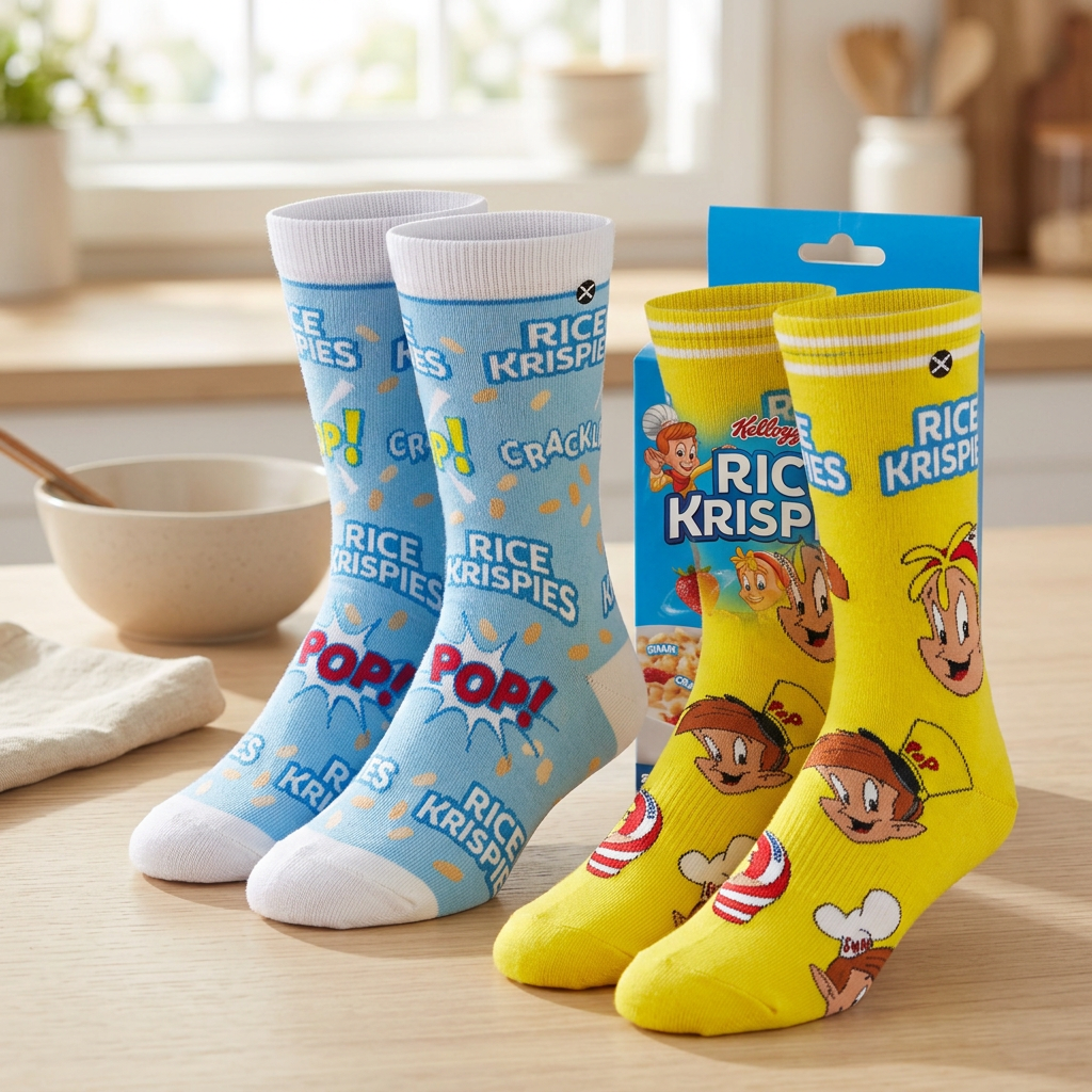 Coffret de deux paires de bas Rice Krispies bleu pâle et jaune sur une table dans une ambiance de déjeuner.