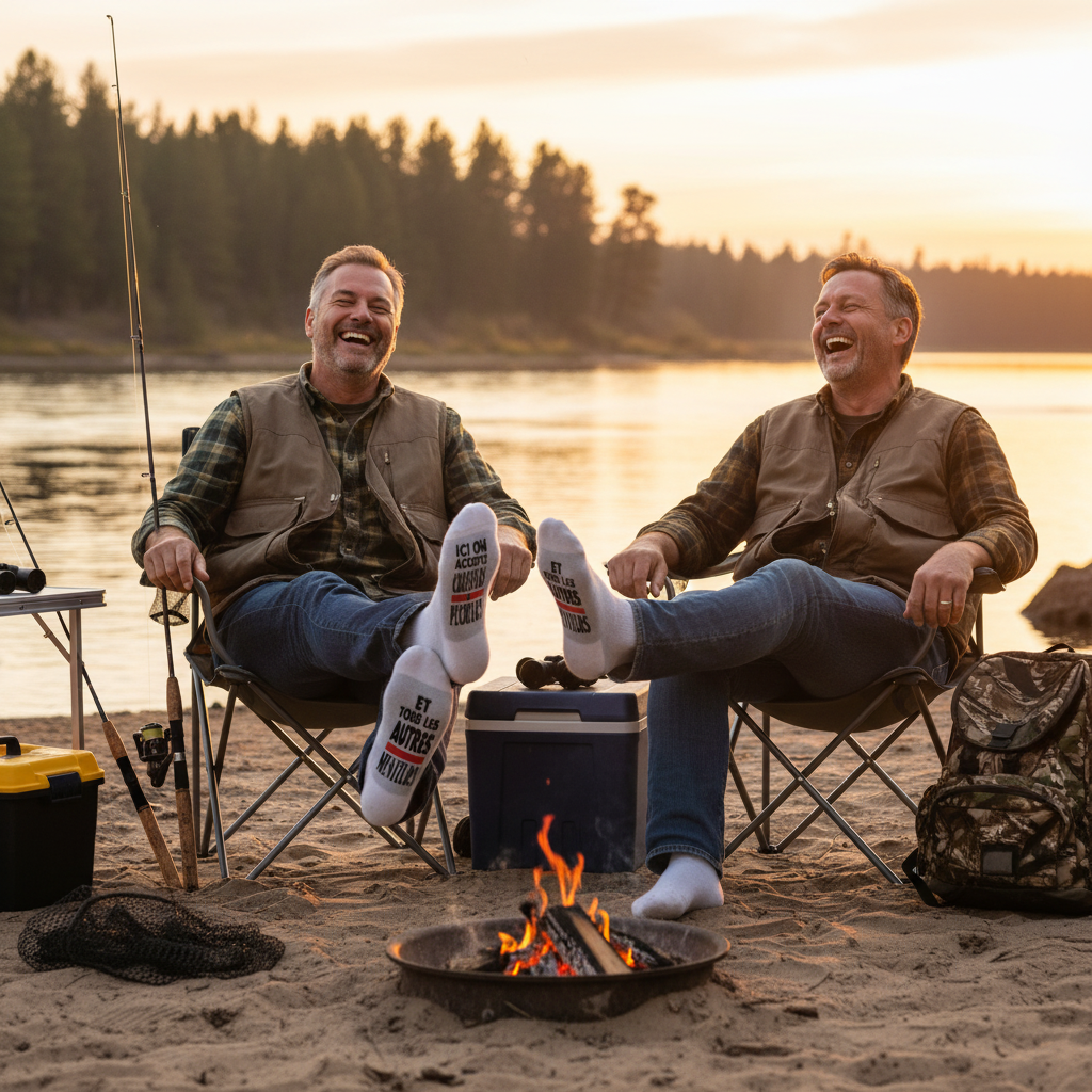 Deux hommes en chaises de camping avec bas de laine chasseurs pêcheurs