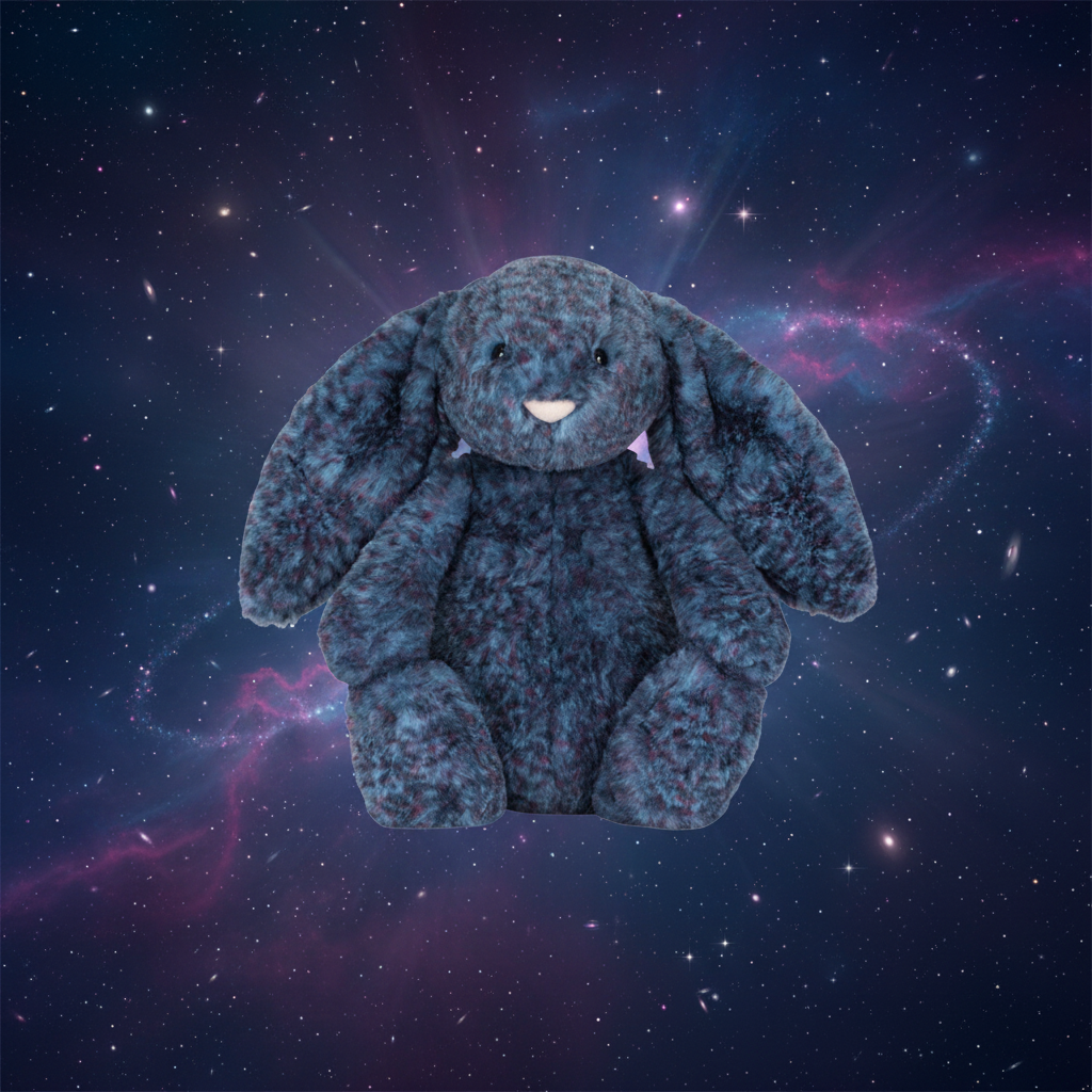 Peluche lapin Jellycat Hopscone bleu nuit dans un décor galaxie étoilé