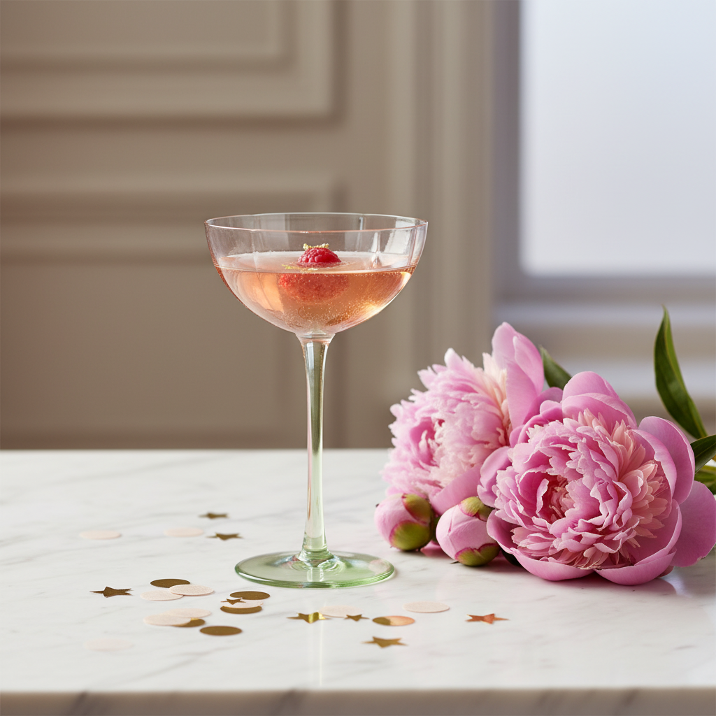 Coupe champagne Pétal avec champagne et pivoines sur marbre blanc
