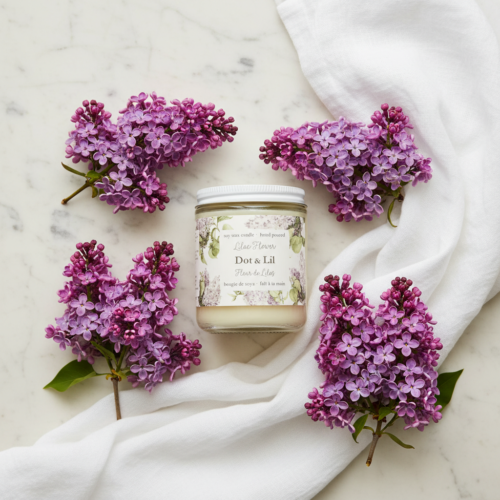 Bougie de soya Fleur de Lilas Dot & Lil flat lay minimaliste