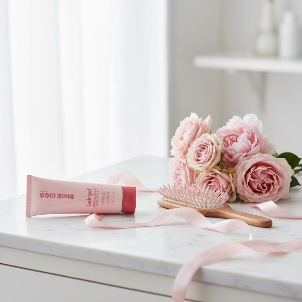 Tube Pixie Woo Hair Gel Radiant Brilliance sur marbre blanc avec fleurs roses