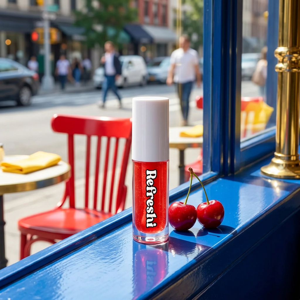Huile à lèvres Refreshi Scarlet red dans une ambiance café urbain rouge cerise et bleu cobalt.