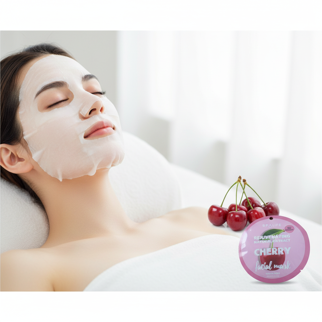Femme portant un masque facial en tissu, cerises fraîches à côté, ambiance spa