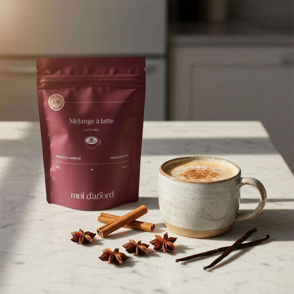 Sachet Chaï Vanille Moi d'abord sur marbre avec épices et latte