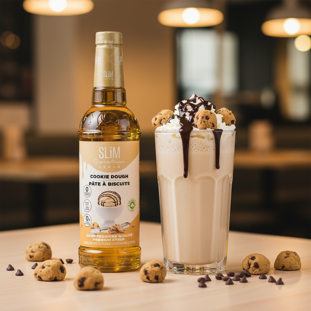 Sirop SLiM Pâte à Biscuits avec milkshake crémeux, morceaux de cookie dough et pépites de chocolat, ambiance dessert gourmand