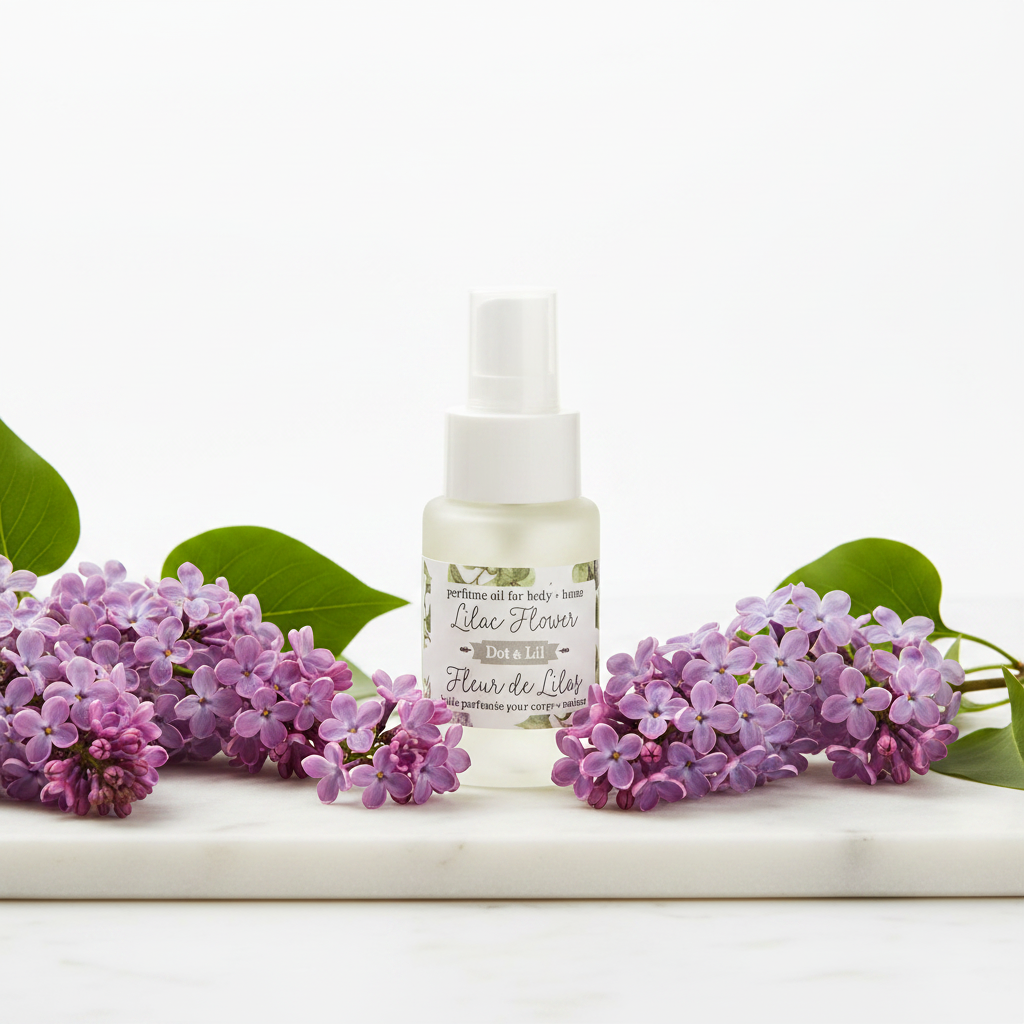Huile parfumée Fleur de Lilas Dot & Lil sur marbre avec lilas frais