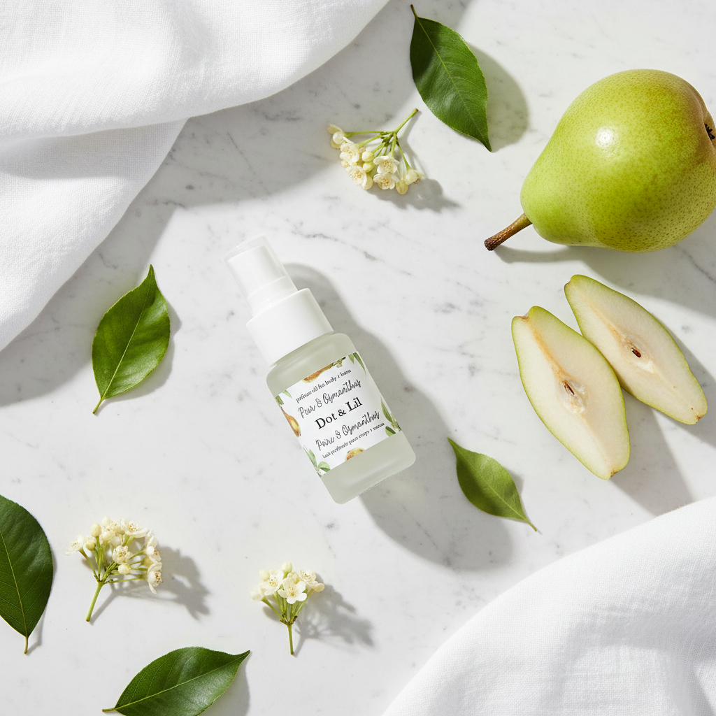 Huile parfumée Poire Osmanthus Dot & Lil flat lay minimaliste