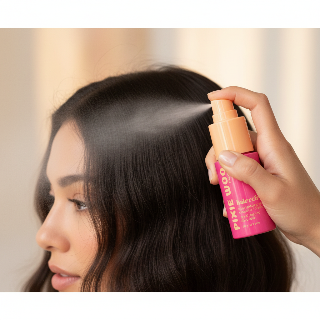Application du Pixie Woo Hair Refresh sur les racines de cheveux foncés