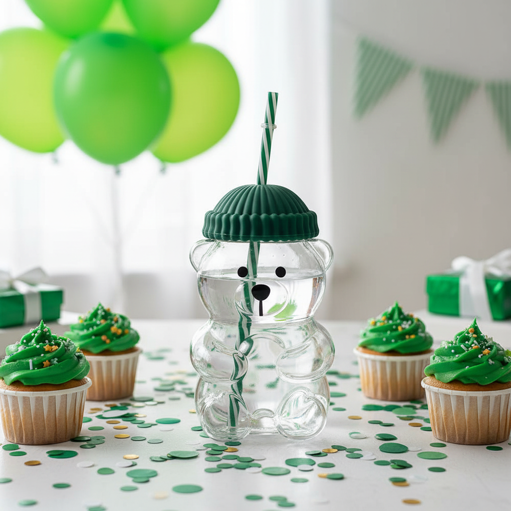 Verre Ourson avec Paille – Vert