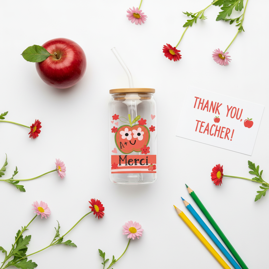 Verre Merci A+ flat lay avec pomme rouge et crayons sur bureau