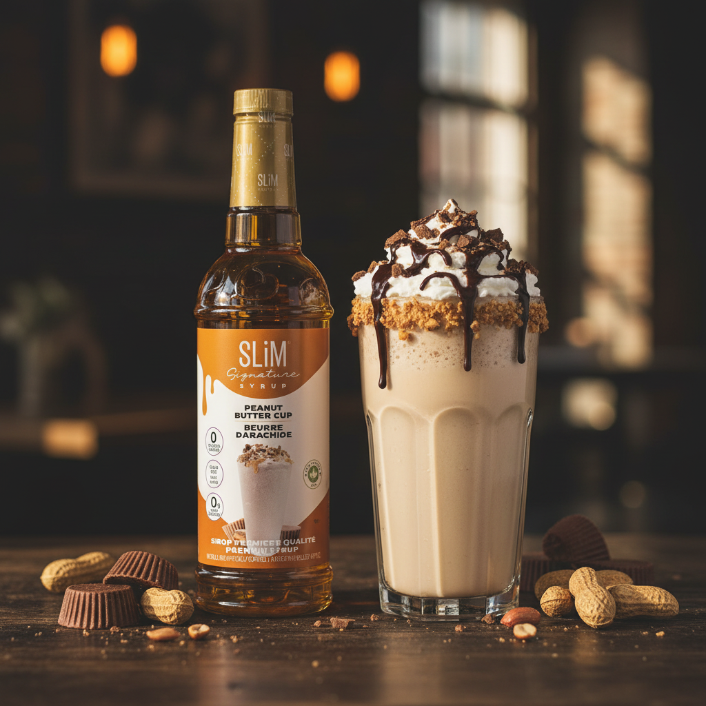 Sirop SLiM Beurre d'Arachide avec milkshake crémeux, crème fouettée et chocolat, ambiance dessert gourmand