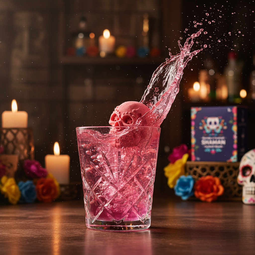 Bombe à cocktail Shaman framboise litchi tombant dans un verre de cocktail, ambiance festive Day of the Dead