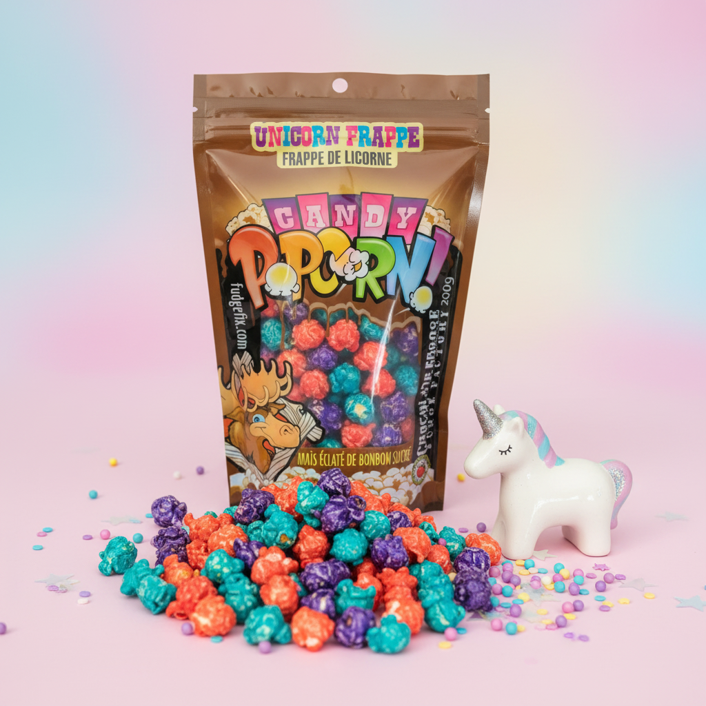 Popcorn Unicorn Frappé Chocolat Moose 200g multicolore sur surface rose pastel avec licorne et étoiles iridescentes