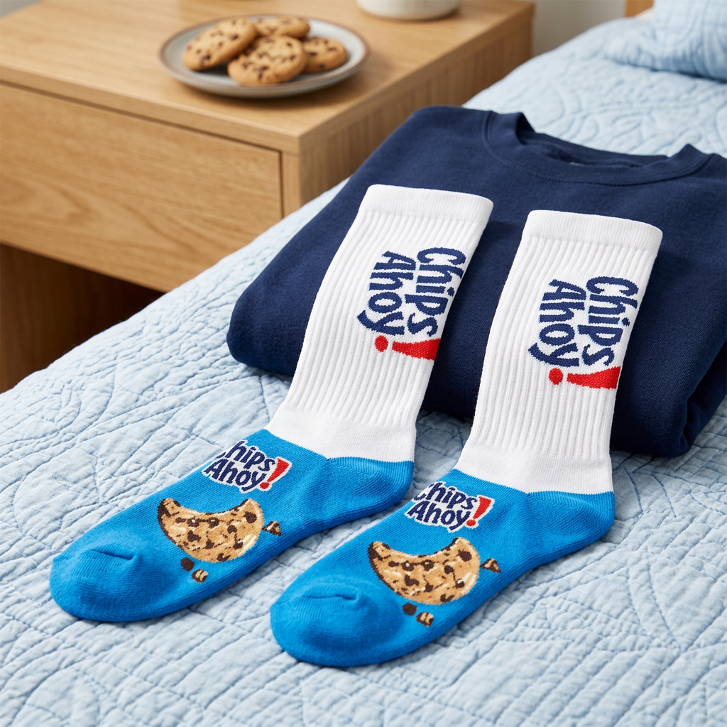 Chaussettes Chips Ahoy blanches et bleues dans un décor de chambre lumineux.