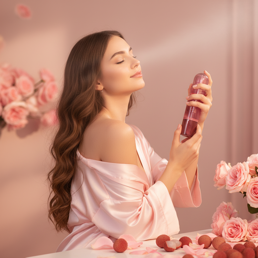 Femme qui vaporise la brume Every Mood Lychee rosé sur ses cheveux dans un cadre romantique et floral