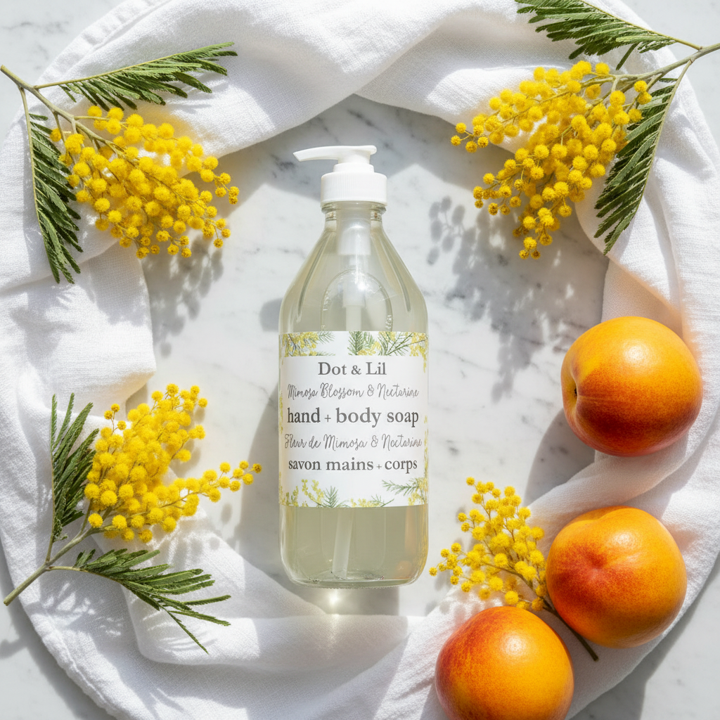 Savon mains corps Mimosa Nectarine Dot & Lil flat lay marbre avec mimosas