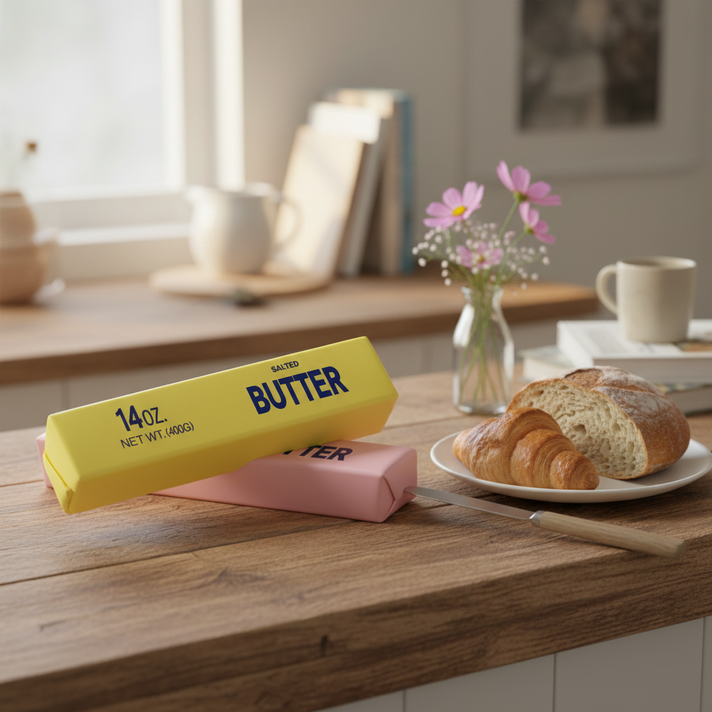 Jouets squishy bâton de beurre jaune et rose sur surface en bois avec pain, croissants et couteau
