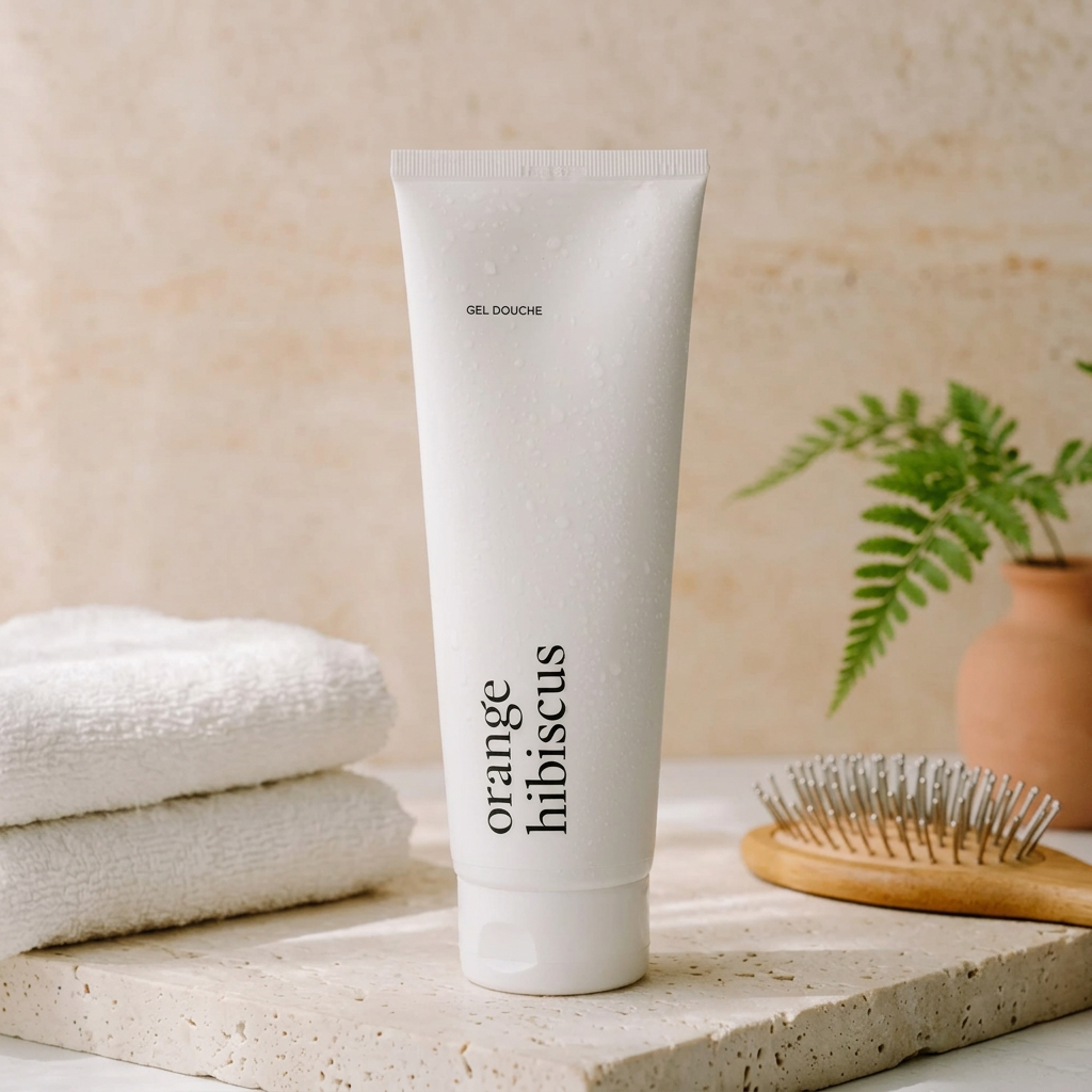 Gel douche Orange et hibiscus Marée dans une ambiance salle de bain crème