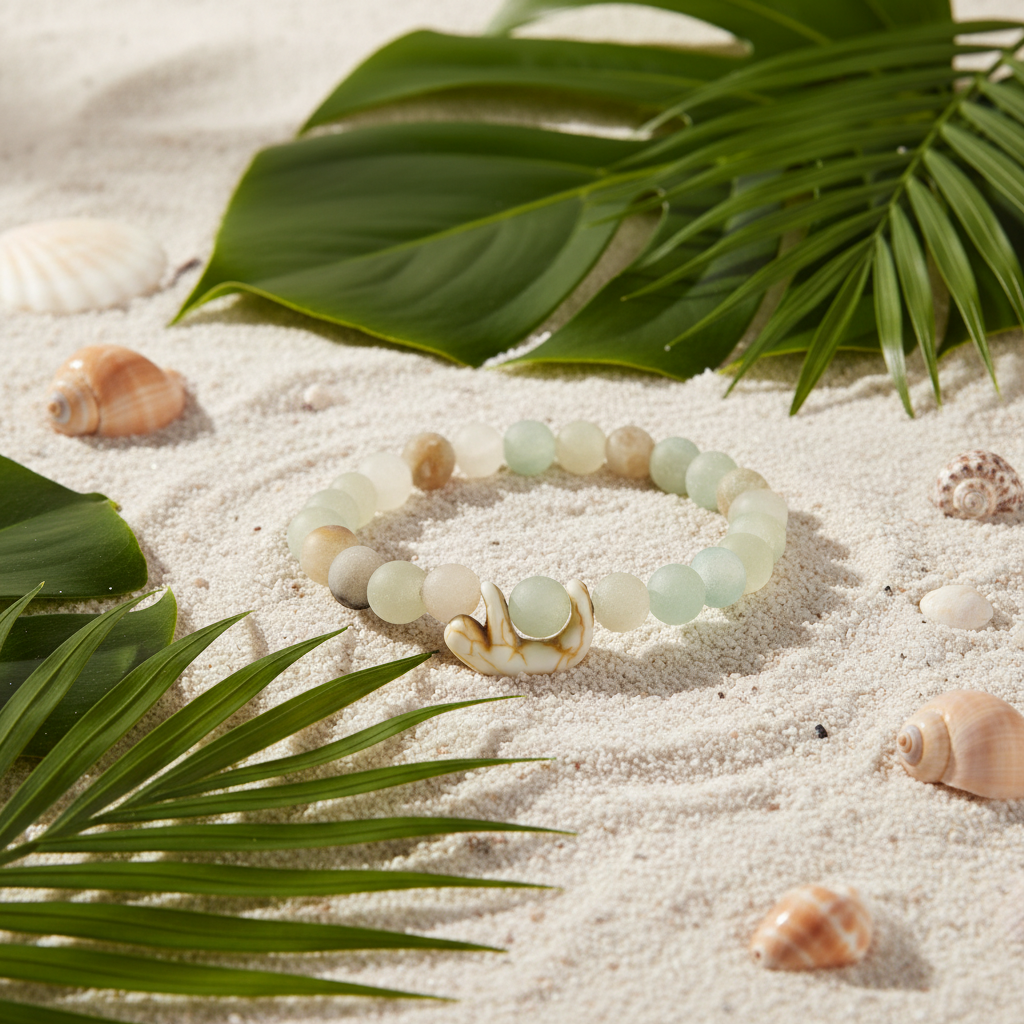 Bracelet Fahlo Paresseux Wander Sky Stone sur sable blanc avec feuilles tropicales