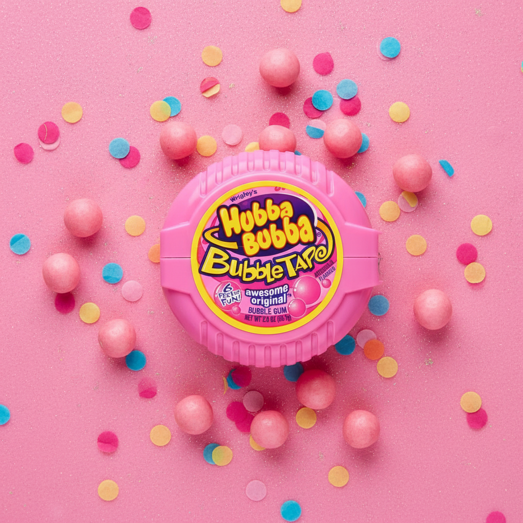 Distributeur Hubba Bubba Bubble Tape Awesome Original rose avec confettis colorés