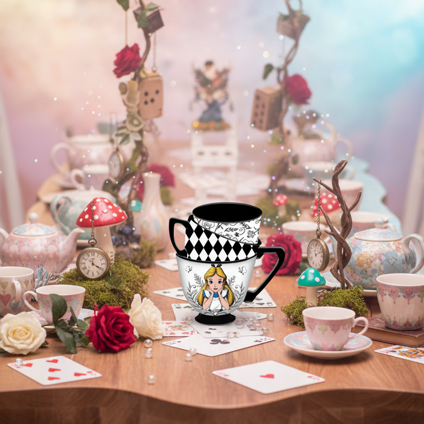 Tasse Alice au Pays des Merveilles dans un décor Chapelier Fou avec cartes à jouer et théières
