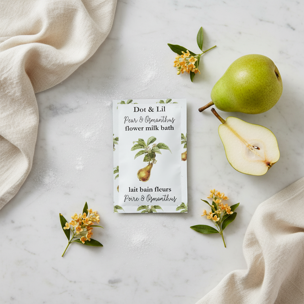 Lait bain fleurs Poire Osmanthus Dot & Lil flat lay minimaliste