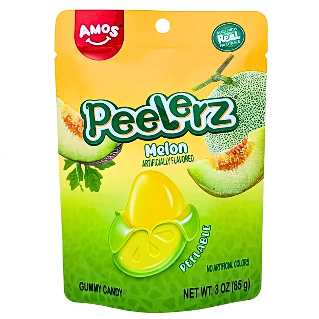 Sachet AMOS Peelerz Melon de 85 g, présenté de face sur fond blanc.