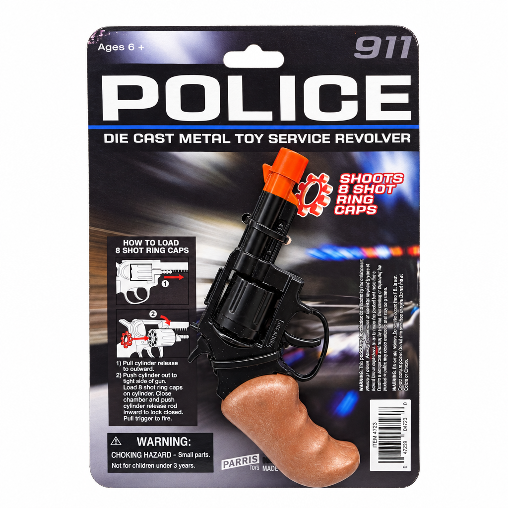 Revolver jouet noir à poignée brune et embout orange dans son emballage Police 911, sur fond blanc