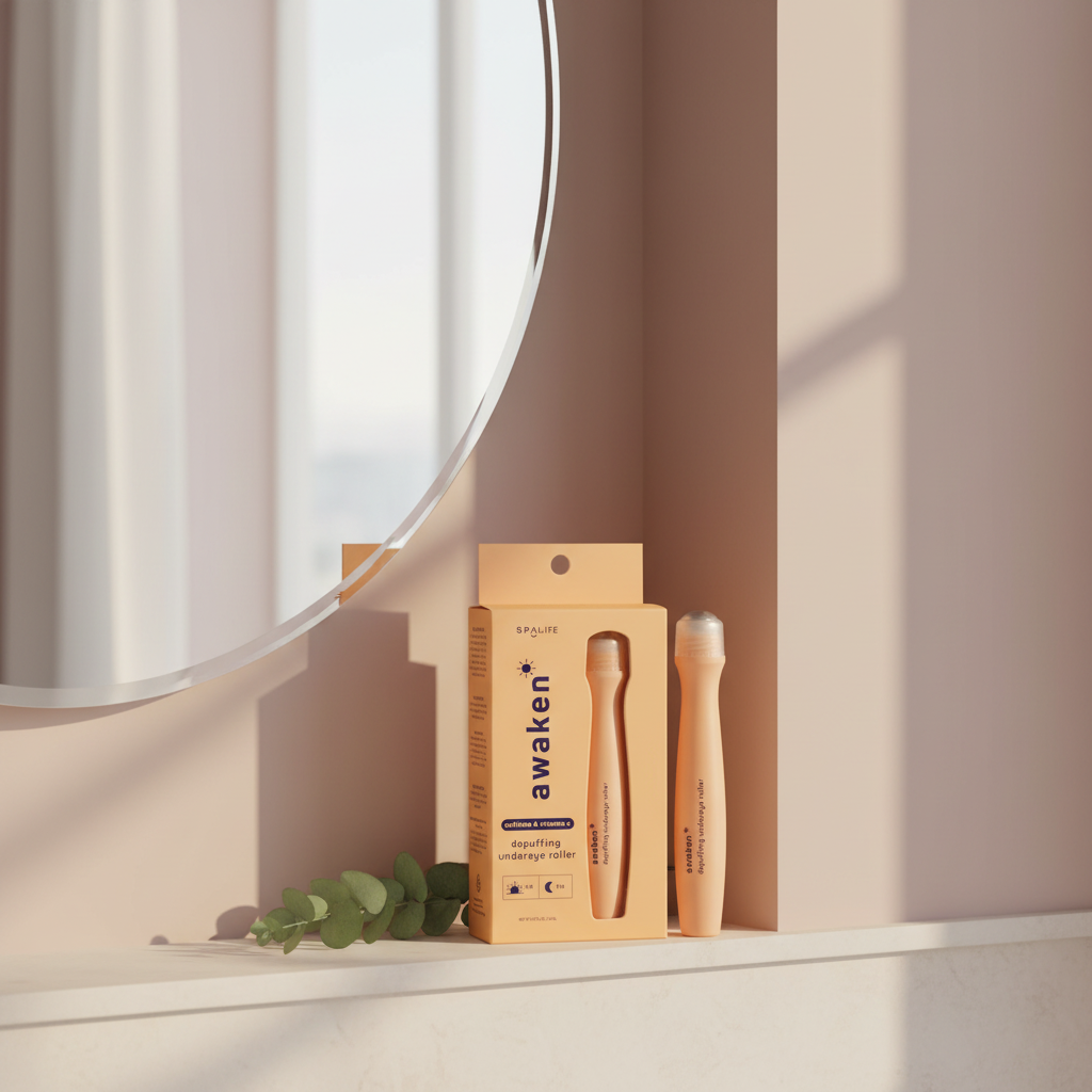 Roll-on SPA LIFE à la caféine pour le contour des yeux dans un décor spa pastel
