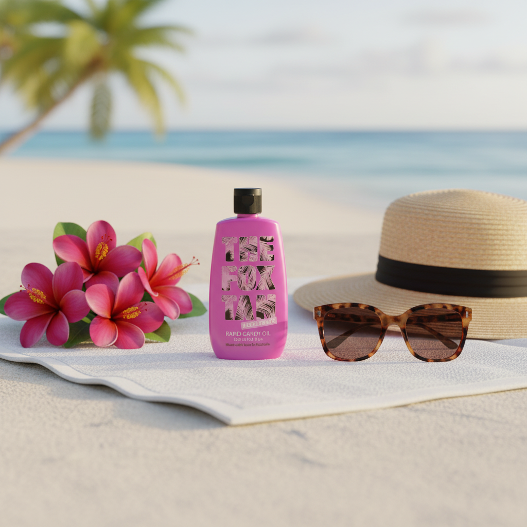 The Fox Tan Rapid Candy Oil à la plage avec fleurs tropicales roses et chapeau de paille