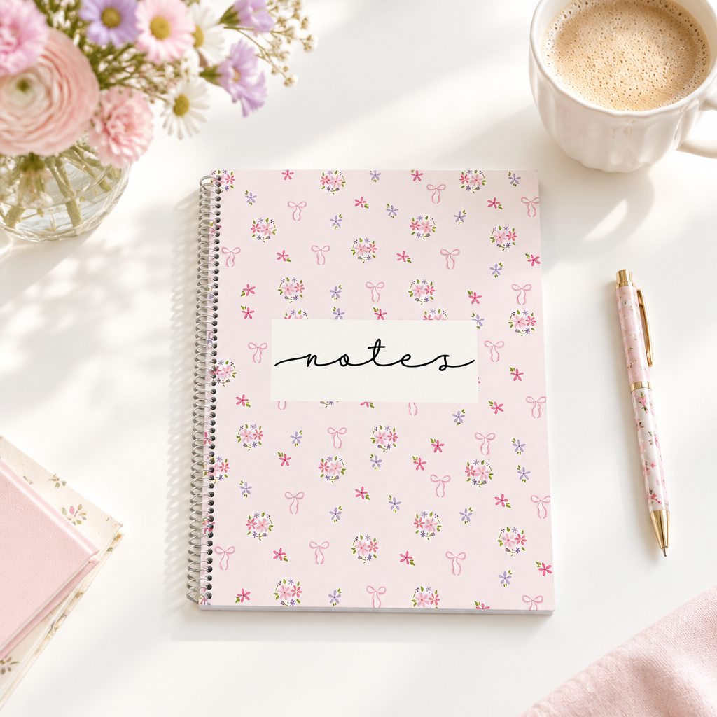 Cahier de notes fleuri présenté sur un bureau lumineux avec une tasse, un stylo et des fleurs pastel