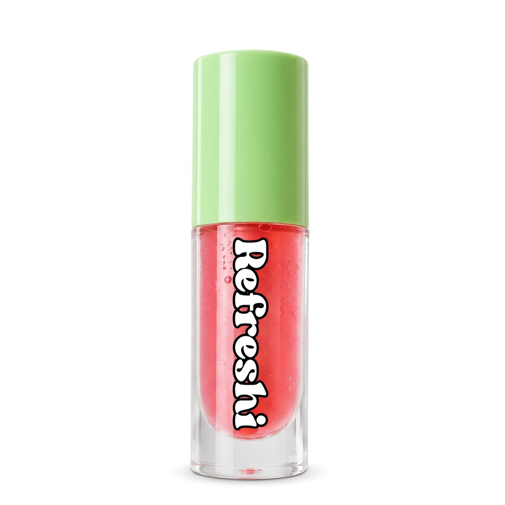 Huile à lèvres Refreshi Sour Watermelon au capuchon vert sur fond blanc carré.
