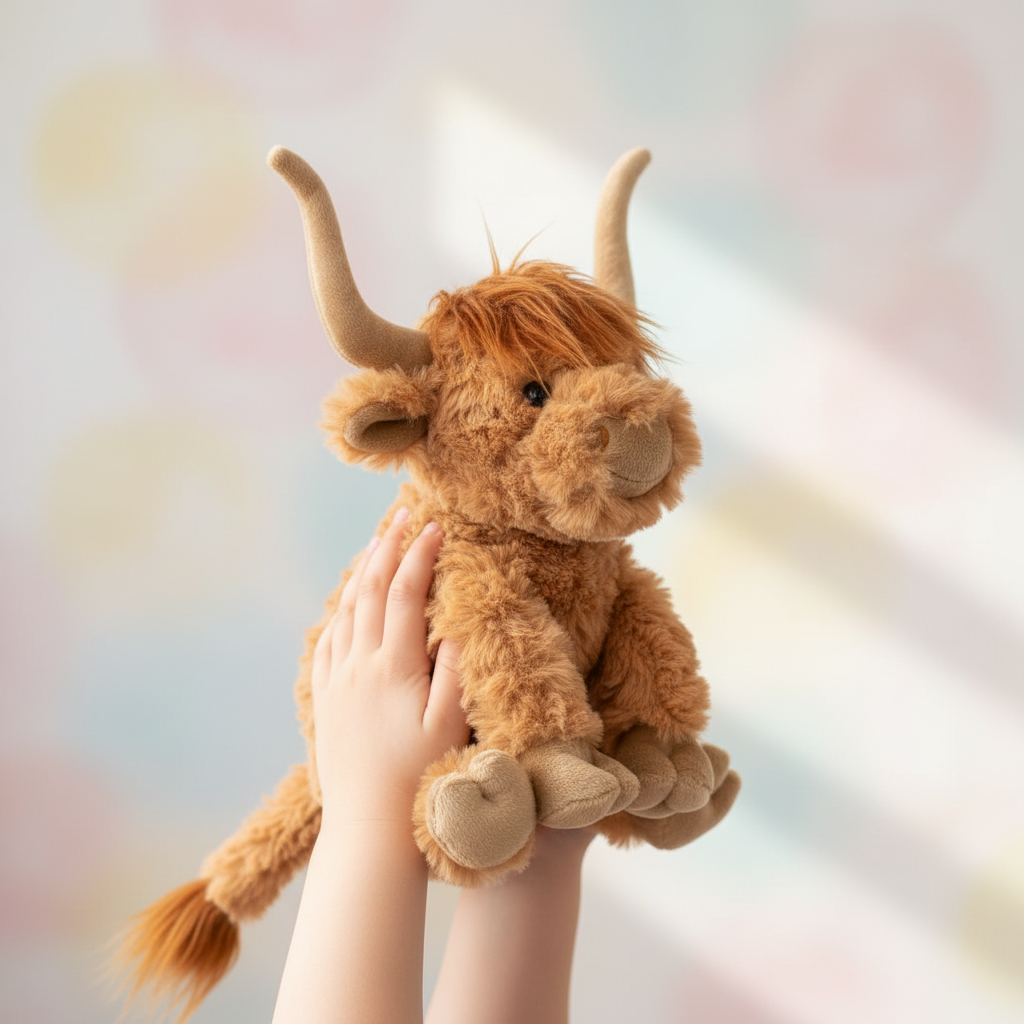 Boeuf Henderson peluche vache Highland tenu par les mains d’un enfant