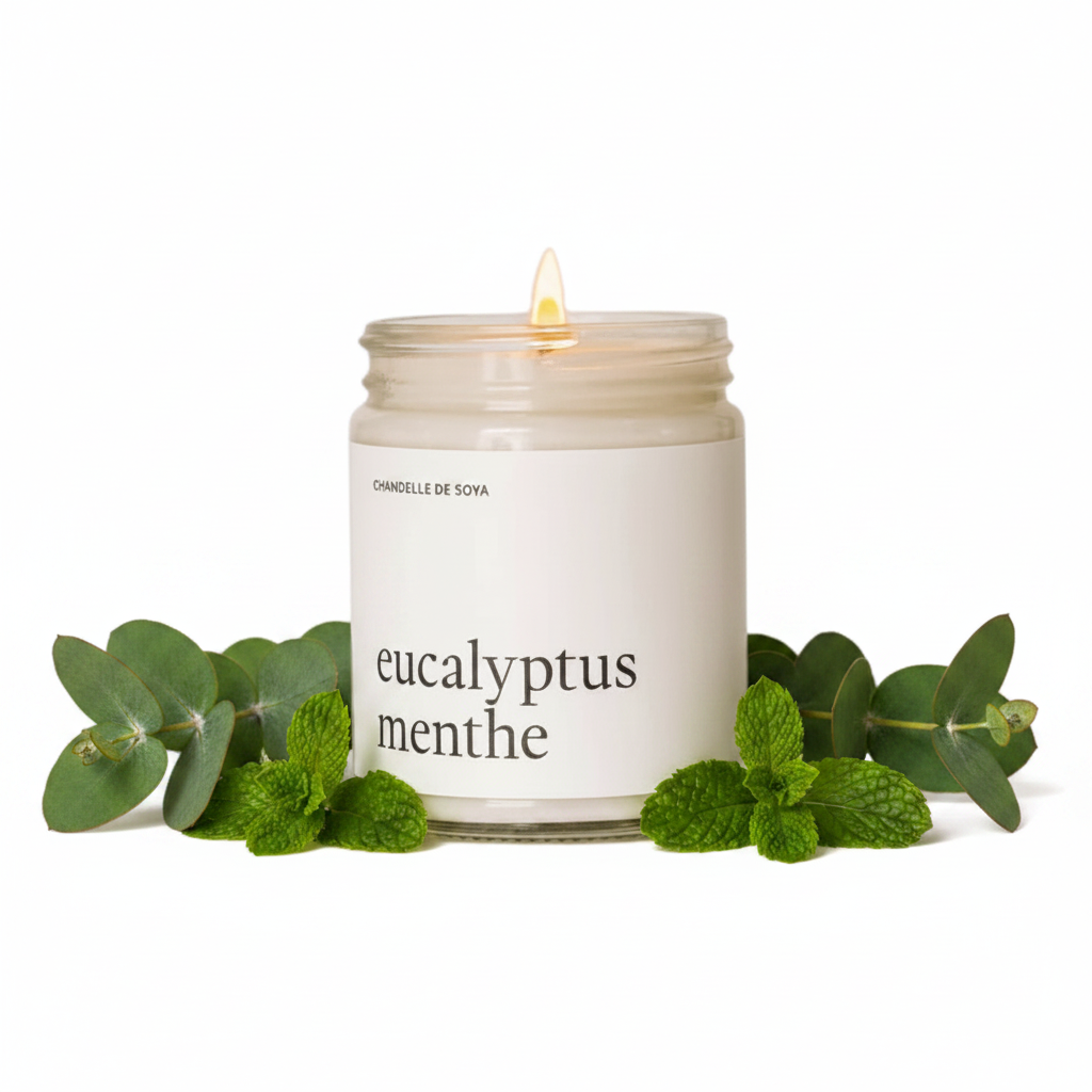 Chandelle de soya Eucalyptus Menthe Produits Marée sur fond blanc avec branches d’eucalyptus et feuilles de menthe fraîches