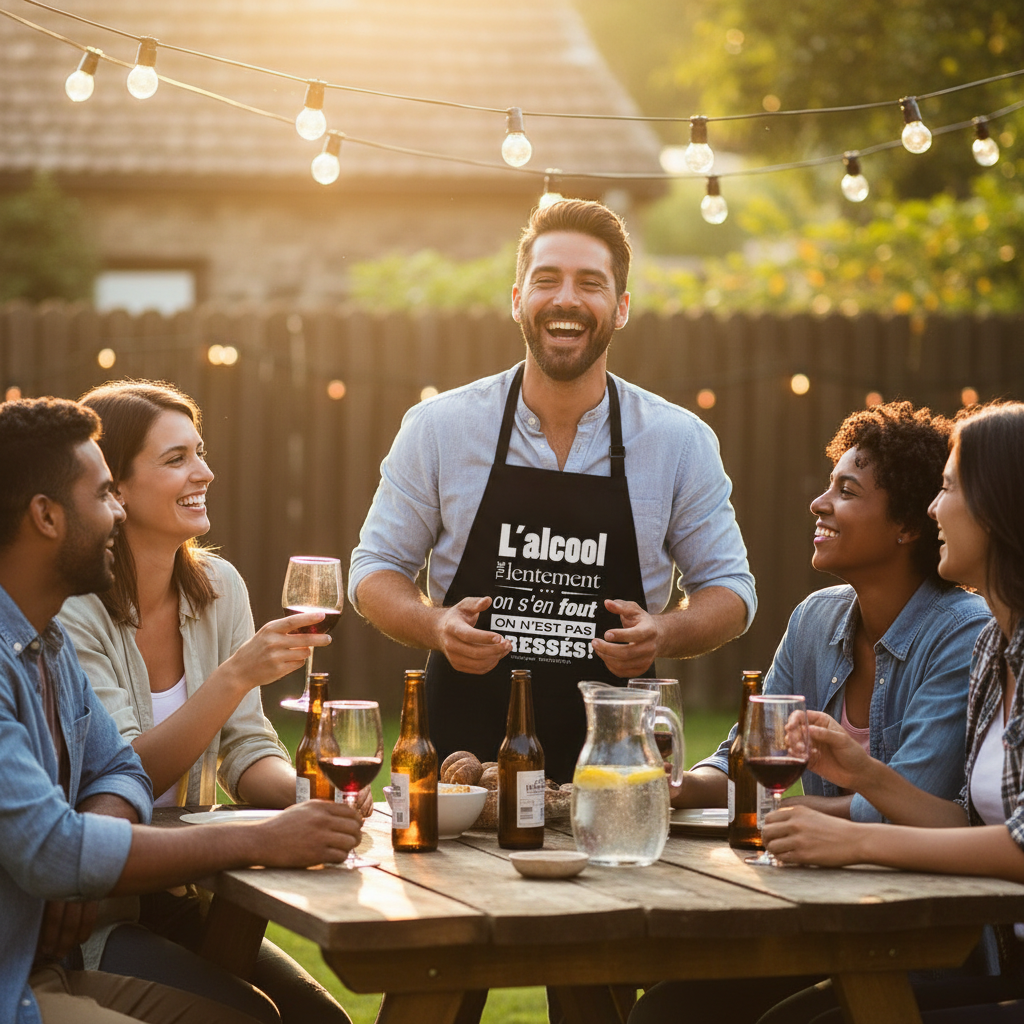 Homme portant tablier noir citation alcool lors d'une fête entre amis