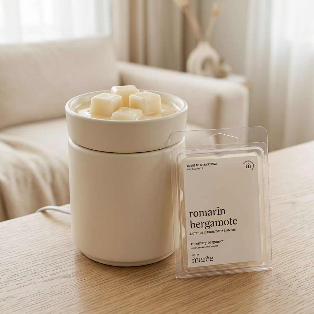 Cubes de cire Romarin et bergamote Marée présentés avec un chauffe-cire crème