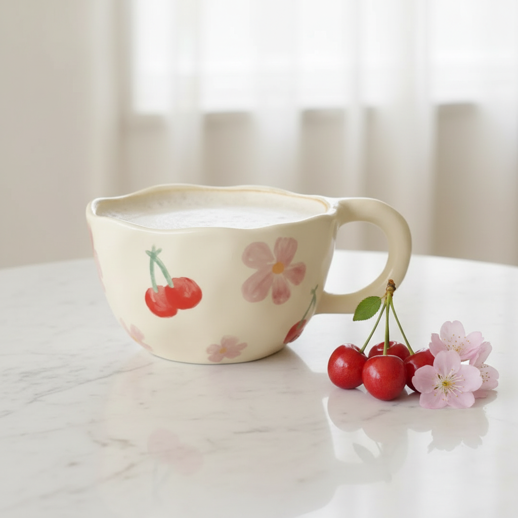 Tasse fleur de cerisier sur marbre avec cerises fraîches et fleurs roses