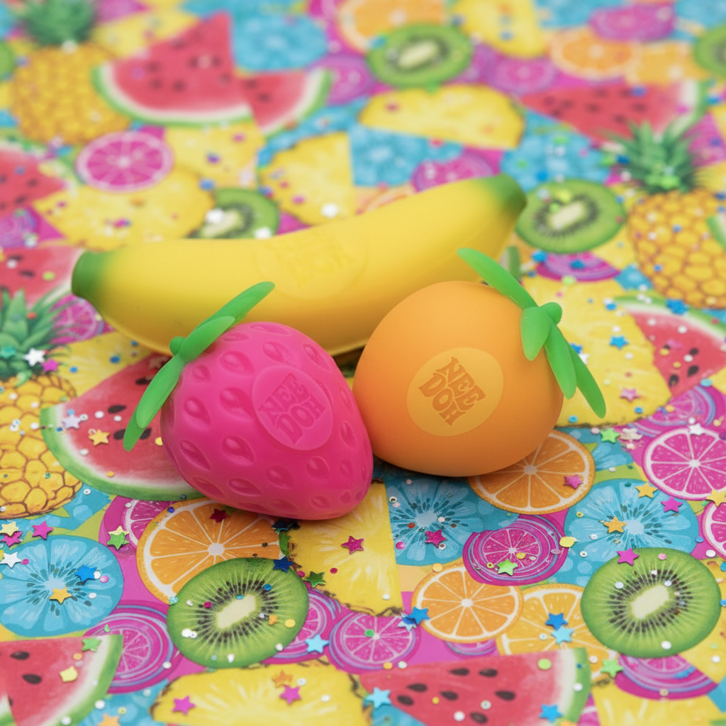Nee Doh Groovy Fruit squishies banane, mangue et fraise sur surface tropicale colorée avec confettis
