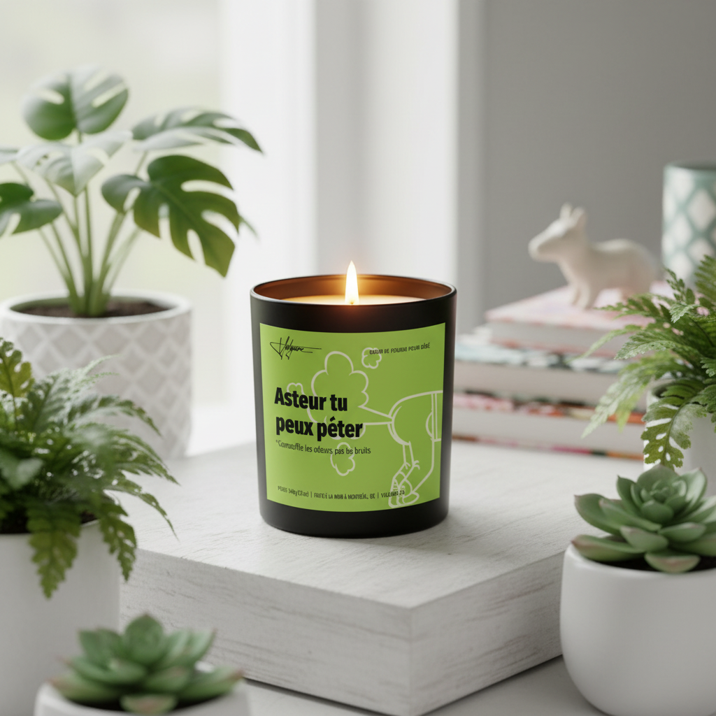 Bougie Vulgaire Asteur tu peux péter allumée ambiance verte et naturelle