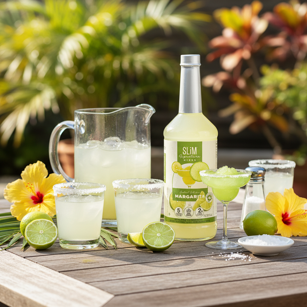 Sirop SLiM Margarita sur terrasse ensoleillée avec pichet de margaritas, limes et fleurs tropicales
