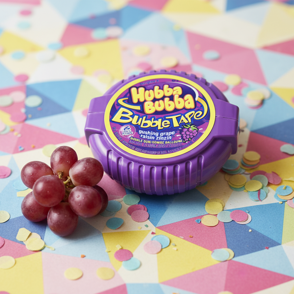 Distributeur Hubba Bubba Bubble Tape Raisin Zinzin violet avec raisins frais et confettis