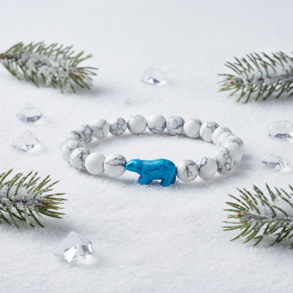 Bracelet Fahlo Ours Polaire Venture Arctic White sur surface enneigée avec branches de pin