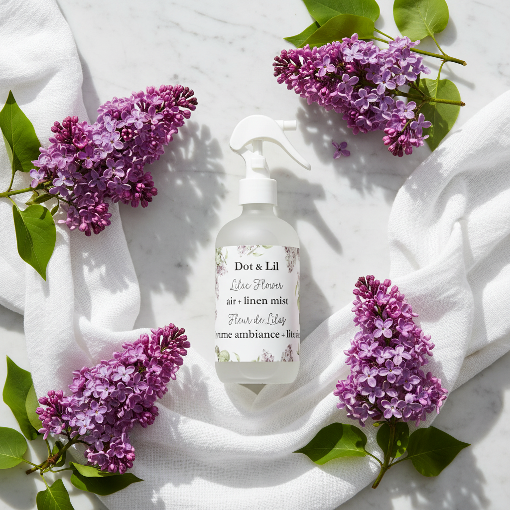 Brume ambiance Fleur de Lilas Dot & Lil flat lay marbre avec lilas