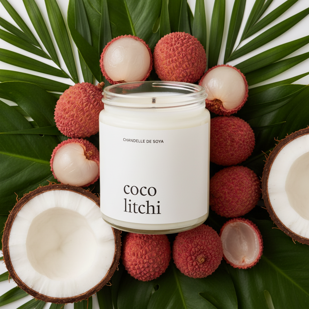 Chandelle de soya Coco Litchi Produits Marée sur fond blanc avec litchis ouverts et noix de coco